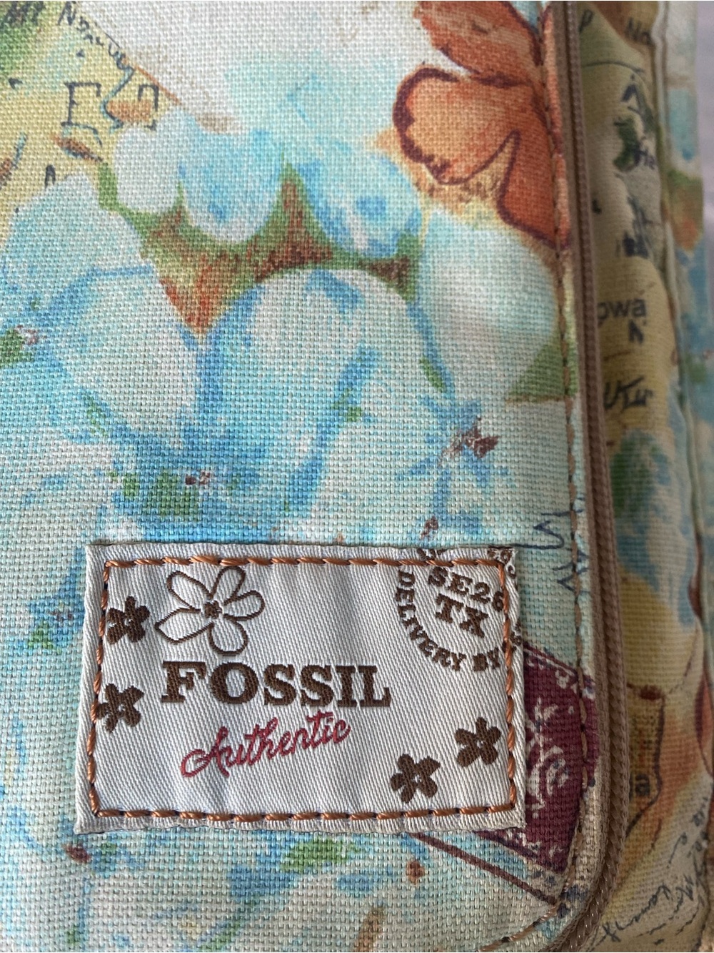 Vintage Fossil Floral Map-Print Canvas Crossbody in Teal, Tan & Orange Accents - Picture 3 of 6